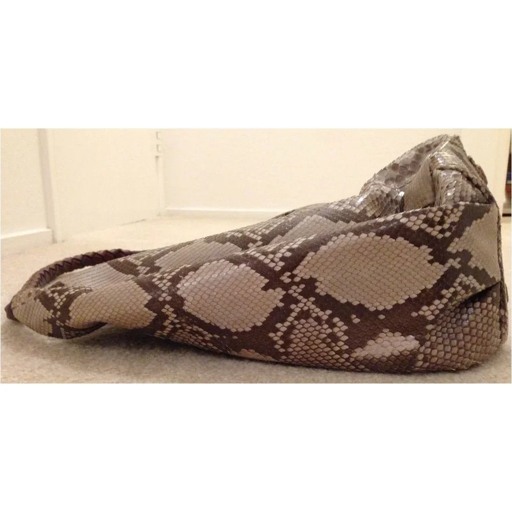 Auth Great Cond REAL natural beige brown PYTHON Carlos Falchi hobo shoulder bag
